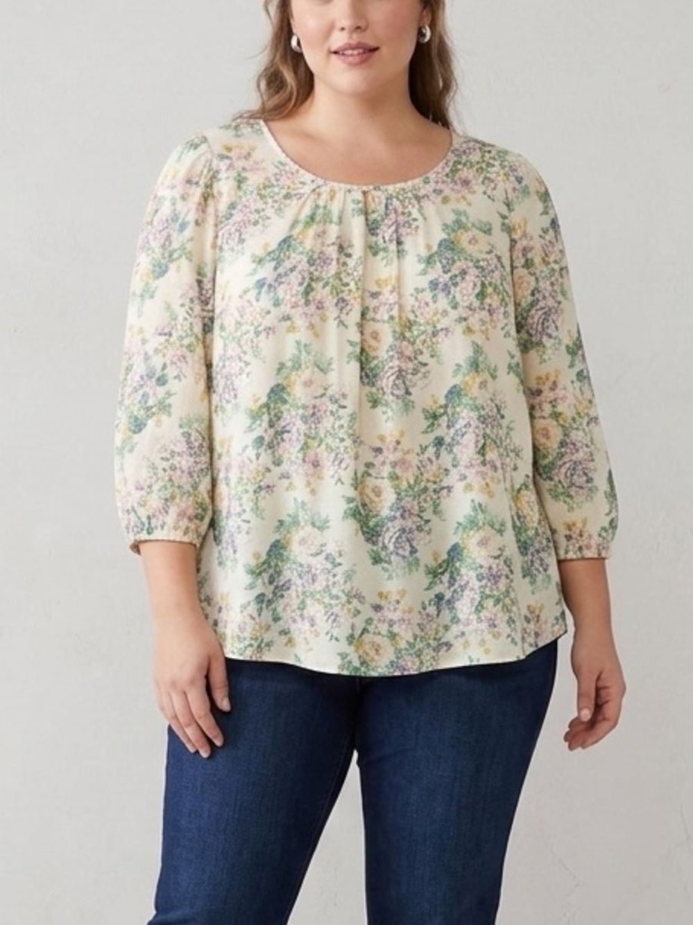 LC Lauren Conrad 3/4 Sleeve Round Neck Blouse Ivory Floral Print Lightweight 2X